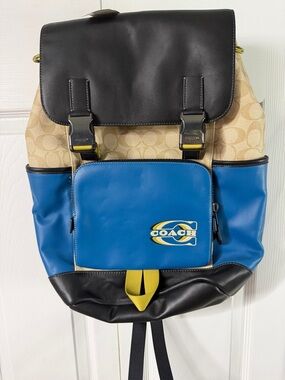 Coach Men’s Beige Signature Canvas Backpack with Blue and Black Accents